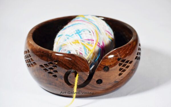 Wooden Yarn Storage Bowl with Carved Holes & Drills | Knitting Crochet Accessories - Image 4