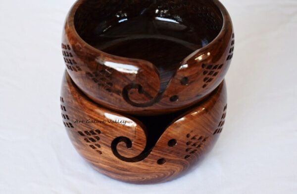 Wooden Yarn Storage Bowl with Carved Holes & Drills | Knitting Crochet Accessories - Image 3